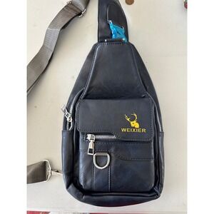 WEIXIER Mens Black Faux Leather Sling Bag Crossbody Chest Pack Travel Backpack